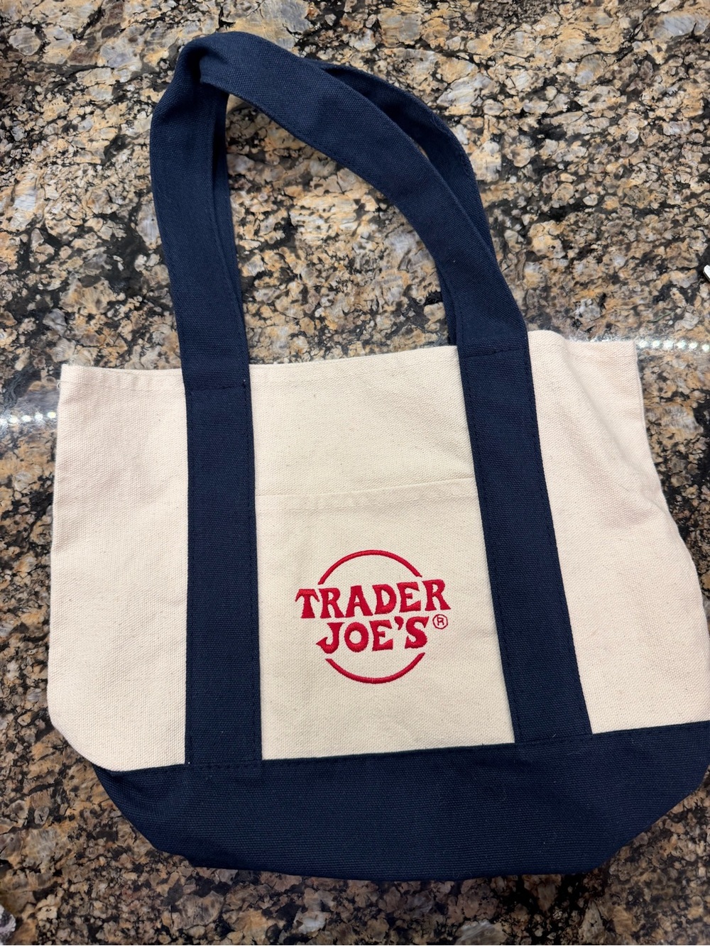Trader Joe's Canvas Mini Tote Bag - Cream & Navy with Red Logo